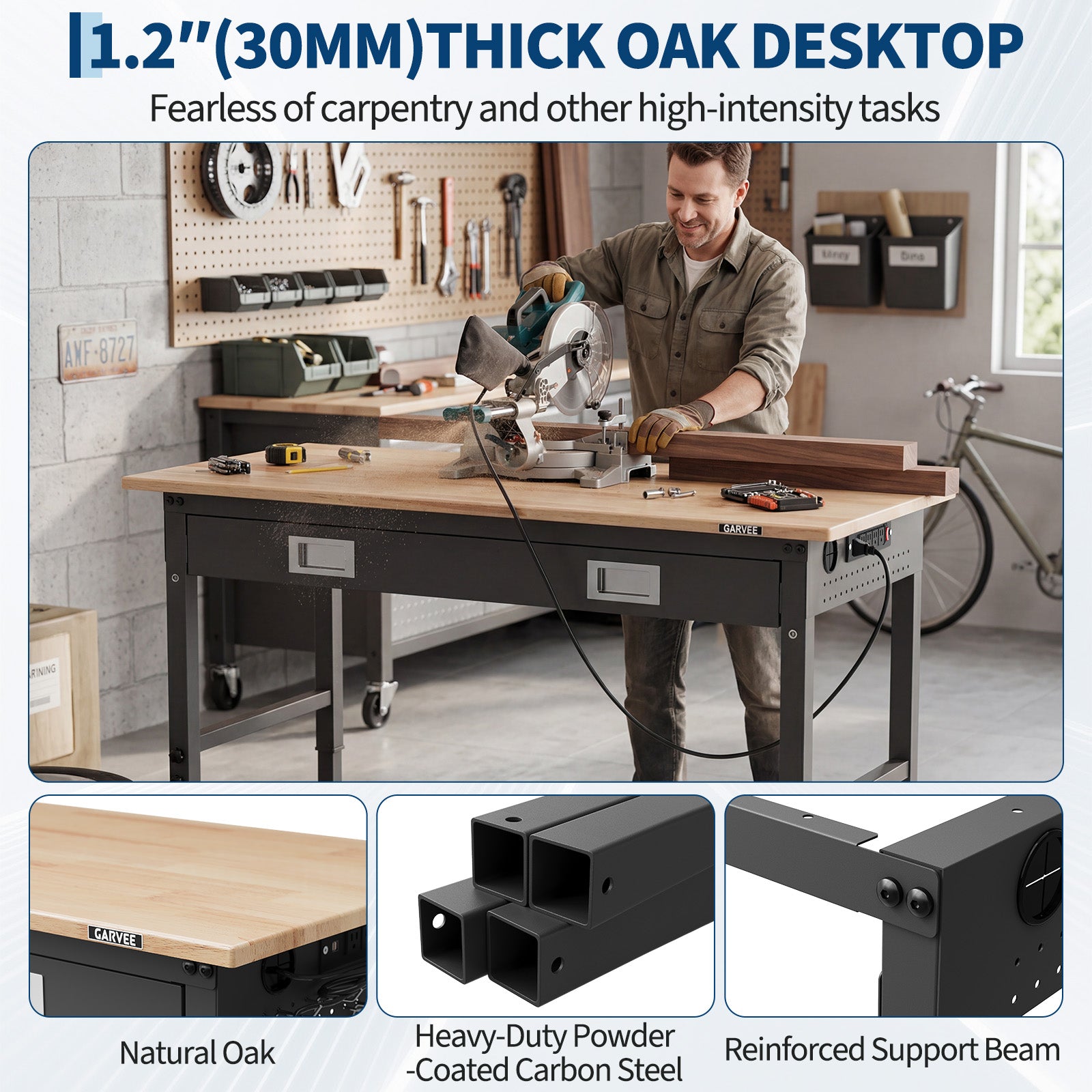 GARVEE Adjustable Workbench, 2000 lbs Capacity, 48 x 24 Inch Rubber Wood Top Work Bench with Drawer & 4 Rolling Casters, Heavy-Duty Metal Frame Work Table for Garage, Workshop, Office, Home, without Back Panel Light Strip