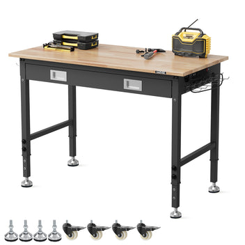 GARVEE Adjustable Workbench, 2000 lbs Capacity, 48 x 24 Inch Rubber Wood Top Work Bench with Drawer & 4 Rolling Casters, Heavy-Duty Metal Frame Work Table for Garage, Workshop, Office, Home, without Back Panel Light Strip