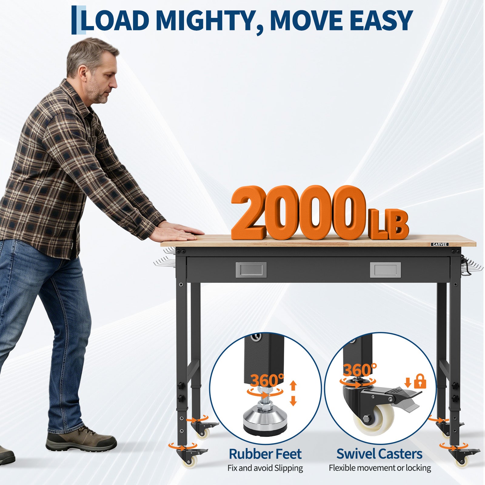 GARVEE Adjustable Workbench, 2000 lbs Capacity, 48 x 24 Inch Rubber Wood Top Work Bench with Drawer & 4 Rolling Casters, Heavy-Duty Metal Frame Work Table for Garage, Workshop, Office, Home, without Back Panel Light Strip