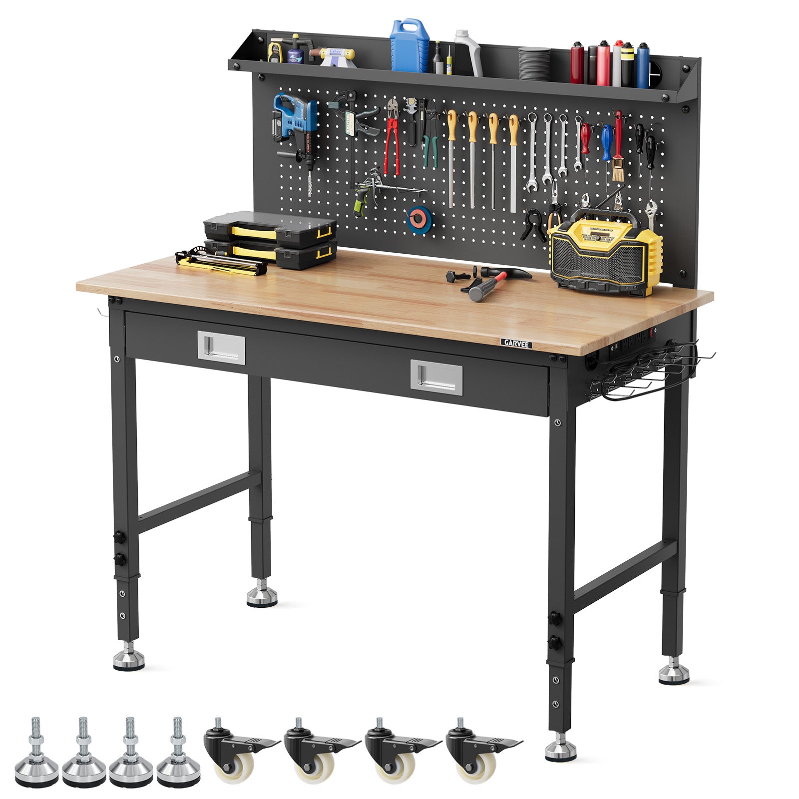 GARVEE Workbench, 2000 lbs Load Capacity, 48 x 24 Inch Rubber Wood Top Work Bench with Drawer Storage, Backplate, Power Outlets & Hooks, Heavy-Duty Workstation for Garage, Workshop, Office