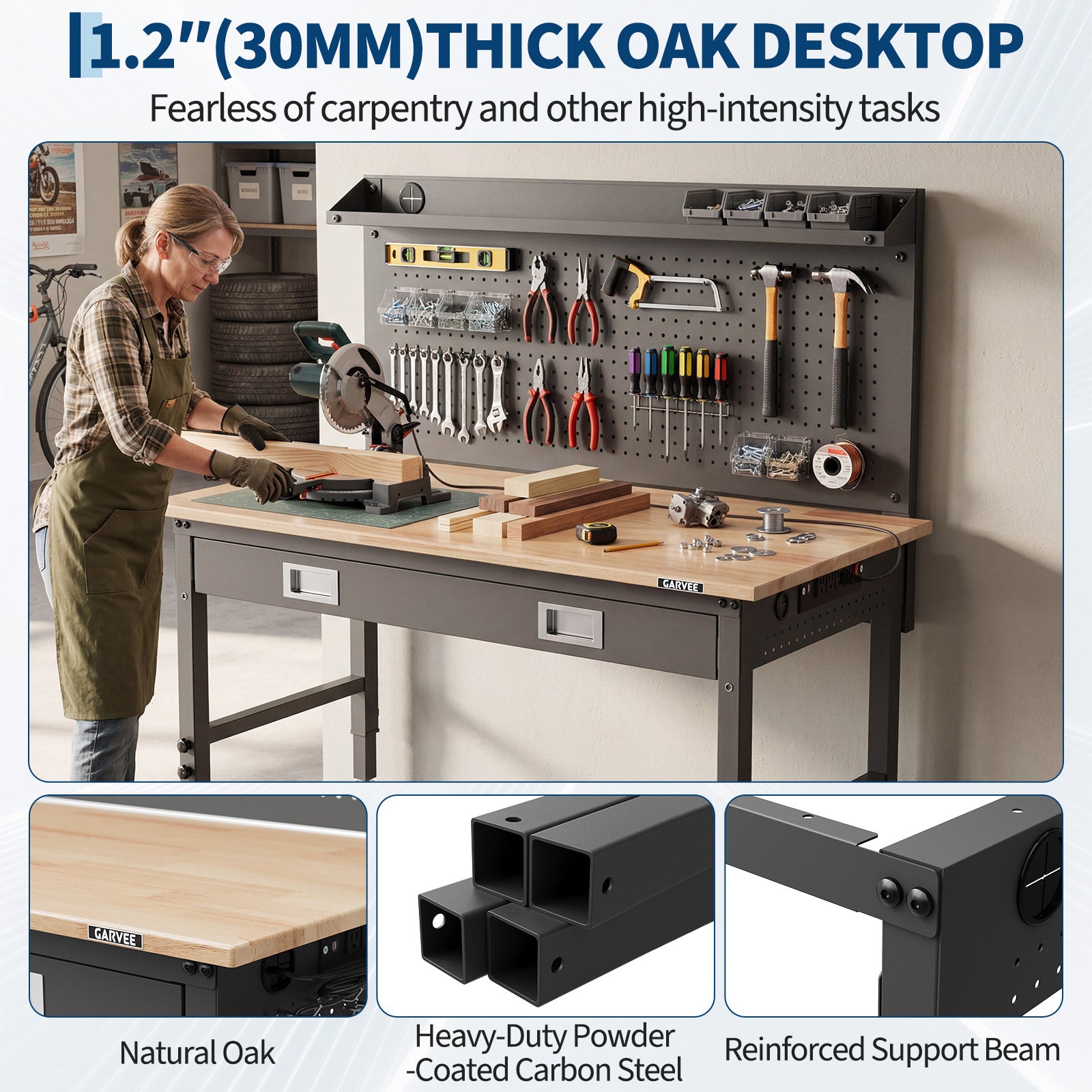 GARVEE Workbench, 2000 lbs Load Capacity, 48 x 24 Inch Rubber Wood Top Work Bench with Drawer Storage, Backplate, Power Outlets & Hooks, Heavy-Duty Workstation for Garage, Workshop, Office