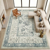 Garvee Washable Rugs for Indoor Use, Green Botanical Floral Print, Non-Slip Low Pile Soft Area Rug, Farmhouse Aesthetic Carpet for Living Room, Bedroom, Kitchen, Dining Room - Blue