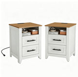 Garvee Farmhouse Nightstand Set of 2 with Charging Station, 2 Drawers & Open Shelf, Engineered Wood, Two-Tone Color, Bedroom & Living Room - White & Natural Top