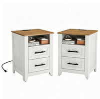 Garvee Farmhouse Nightstand Set of 2 with Charging Station, 2 Drawers & Open Shelf, Engineered Wood, Two-Tone Color, Bedroom & Living Room