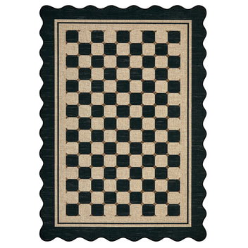 Garvee Scalloped Jute Area Rug - Washable Checkered Design - Easy-Clean Non-Slip Carpet for Living Room, Bedroom, Office, Patio, Entryway - Indoor Outdoor - Black, 5x7ft