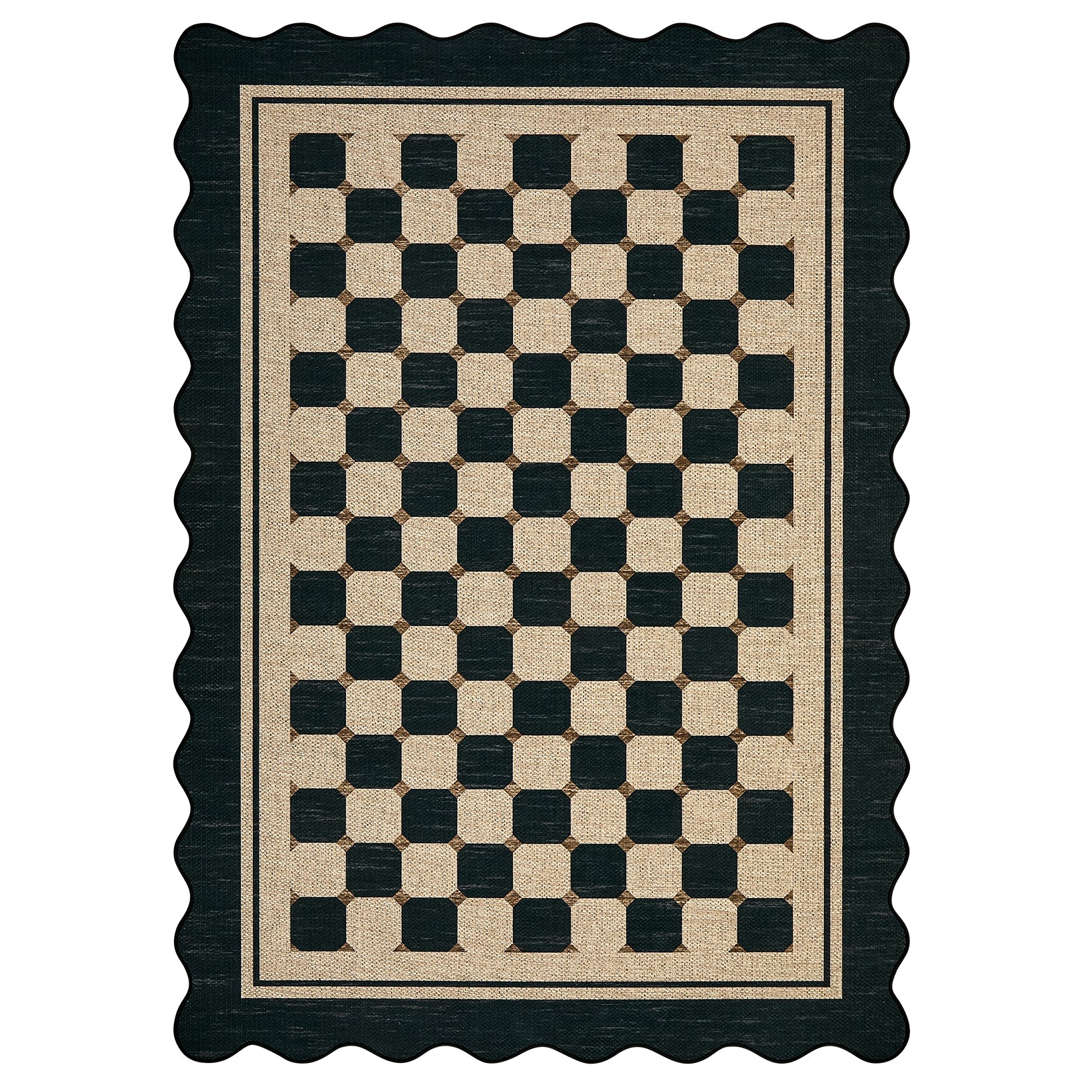 Garvee Scalloped Jute Area Rug - Black Checkered Design - Washable Non-Slip Low Pile Carpet for Living Room, Kitchen, Bedroom, Office, Entryway - Indoor Outdoor - Black, 4x6ft