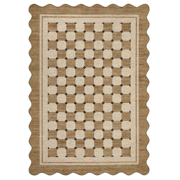 Garvee Scalloped Jute Area Rug - Washable Non-Slip Checkered Carpet for Living Room, Farmhouse Indoor Outdoor Rug for Porch, Balcony, Entryway, Deck, Dining - Flaxen Color, 5x7ft