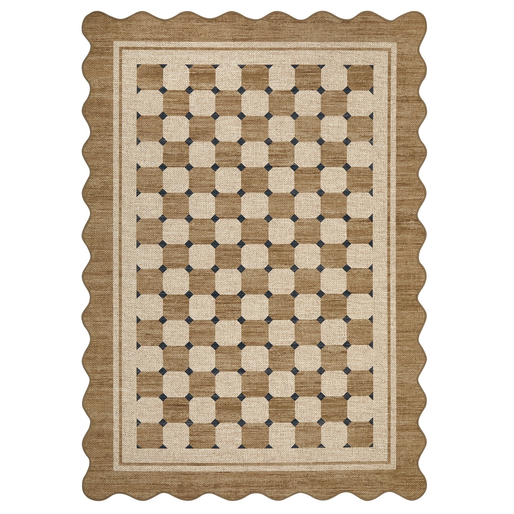 Garvee Scalloped Jute Area Rug - Washable Non-Slip Checkered Carpet for Living Room, Farmhouse Indoor Outdoor Rug for Porch, Balcony, Entryway, Deck, Dining - Flaxen Color, 5x7ft