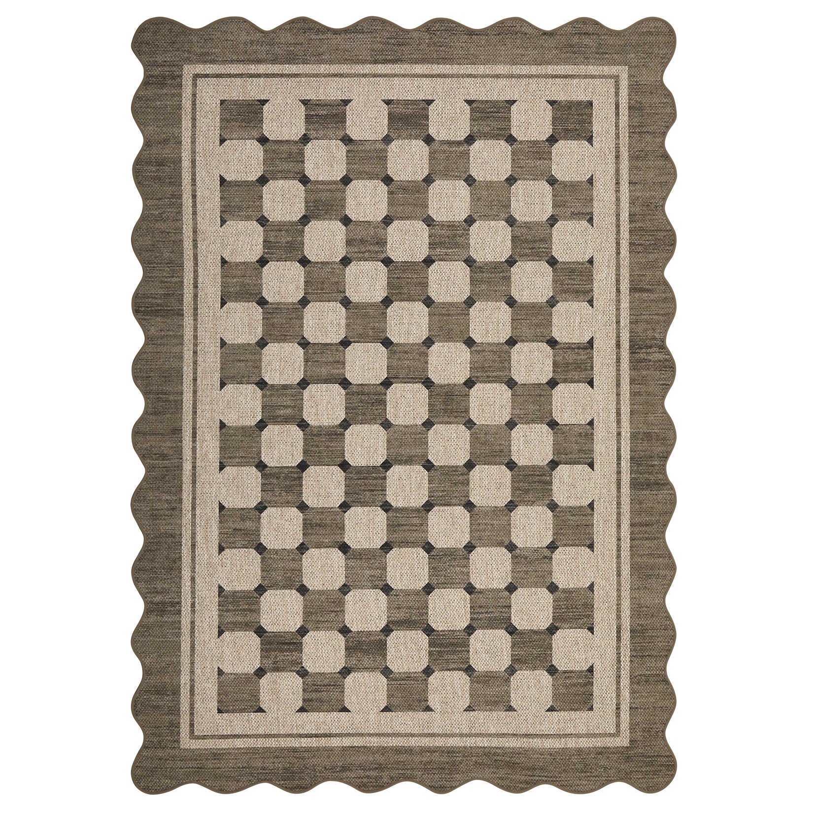 Garvee Scalloped Jute Area Rug - Taupe Checkered Design - Washable Non-Slip Low Pile Carpet for Living Room, Bedroom, Porch, Patio, Entryway, Balcony, Taupe, 9x12ft