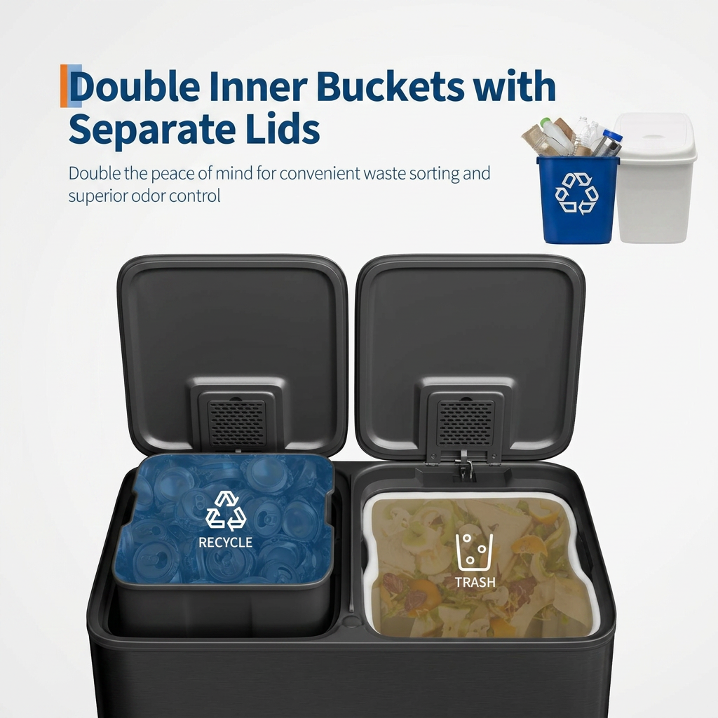 Garvee Double Kitchen Trash Can - 2 x 10.6 Gal (2 x 40L) Stainless Steel Trash Can with Soft-Close Lid & Recycle Bin Combo, Step-On Metal Garbage Cans with PP Inner Buckets & Liner Rim (Black)