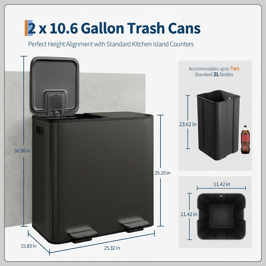 Garvee Double Kitchen Trash Can - 2 x 10.6 Gal (2 x 40L) Stainless Steel Trash Can with Soft-Close Lid & Recycle Bin Combo, Step-On Metal Garbage Cans with PP Inner Buckets & Liner Rim (Black)