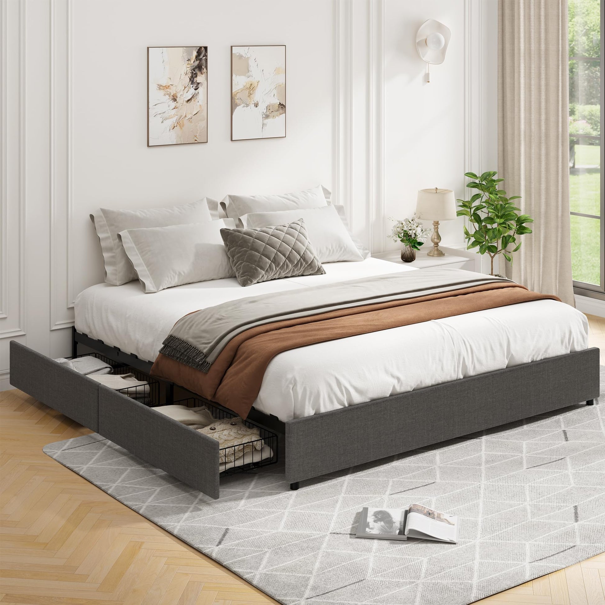 Garvee Platform Bed Frame, Fabric Upholstered with 4 Storage Drawers, No Box Spring Needed, Wooden Slats Support, Noise Free, Easy Assembly, Dark Grey(KING)