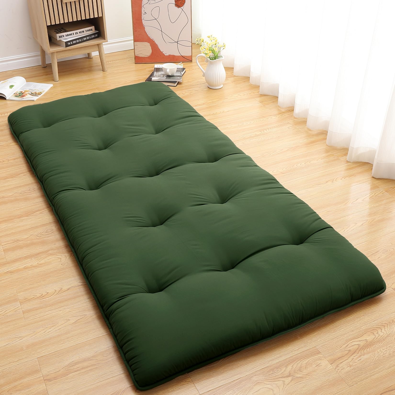 Garvee Japanese Futon Floor Mattress, Futon Mattress Full Size Foldable Floor Bed Mattress, Tatami Mat for House Guest Dorm Roll Up Sleeping Floor Mattress, Army Green
