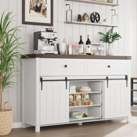 Garvee Farmhouse Buffet Cabinet, Kitchen Sideboard with Sliding Barn Doors, 5 Drawers, Wooden Storage Cabinet, Coffee Bar Station for Kitchen, Living Room, Dining Room, White