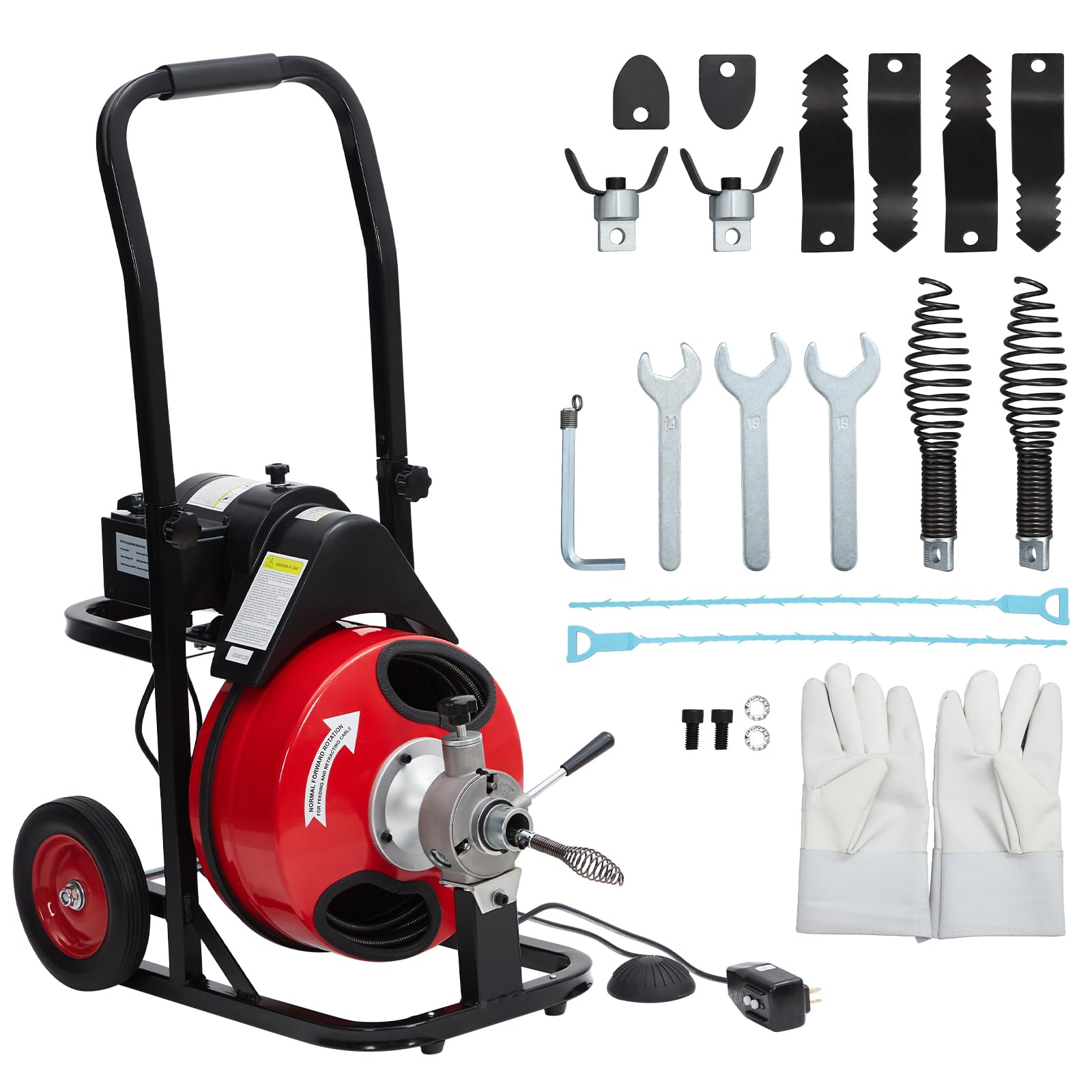 Garvee Auto Feed 75 FT x 1/2 Inch Drain Cleaner Machine with 250W Motor, Portable Sewer Snake Auger with 8 Cutters & Air-activated Foot Switch, Fits 1" to 4" Pipes, Black & Red