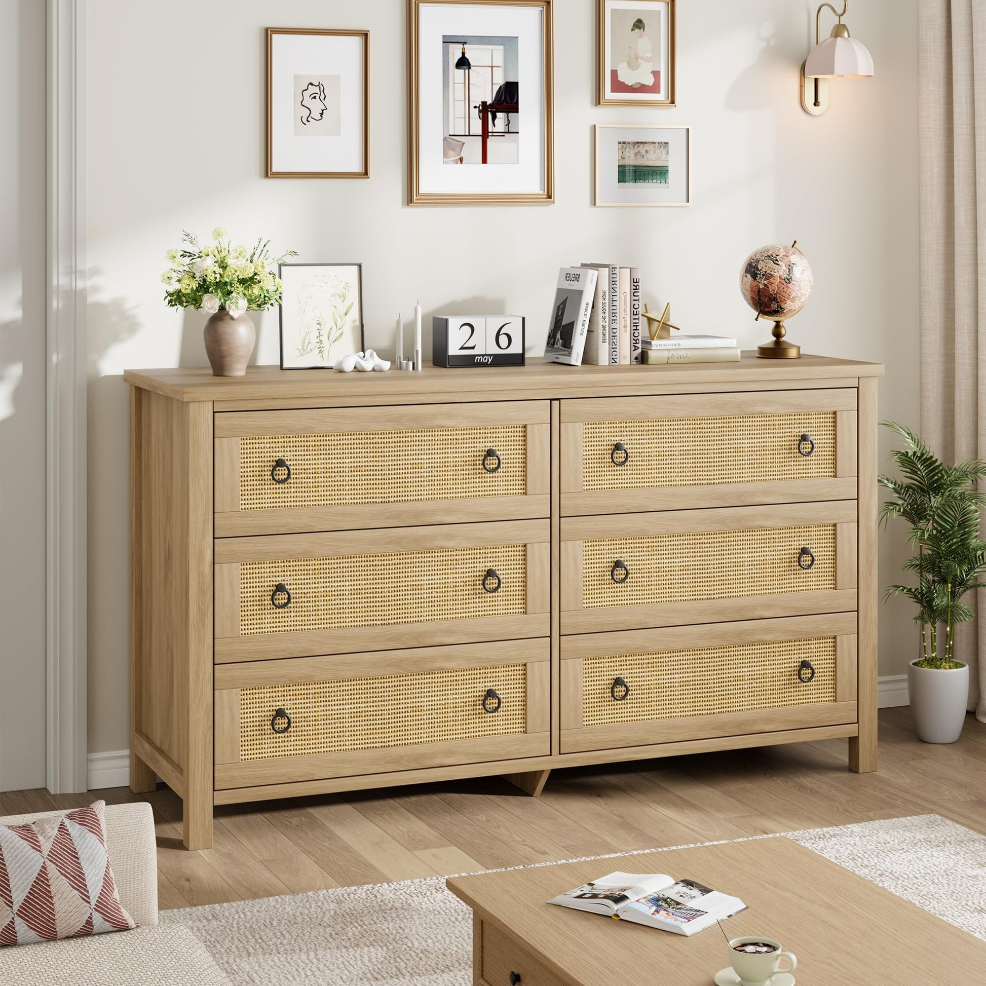 Garvee Rattan 6 Dresser for Bedroom, 47.2" Wide Dresser, Boho Wide Drawer Dresser with Storage, Wooden Closet Dressers Chest of Drawers Freestanding for Bedroom, Nursery, Living Room, Natural