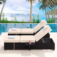 Garvee Set of 2 Outdoor Chaise Lounge Chairs with Side Table, PE Rattan Recliners with 6-Position Backrest & Blue Cushions for Poolside Patio