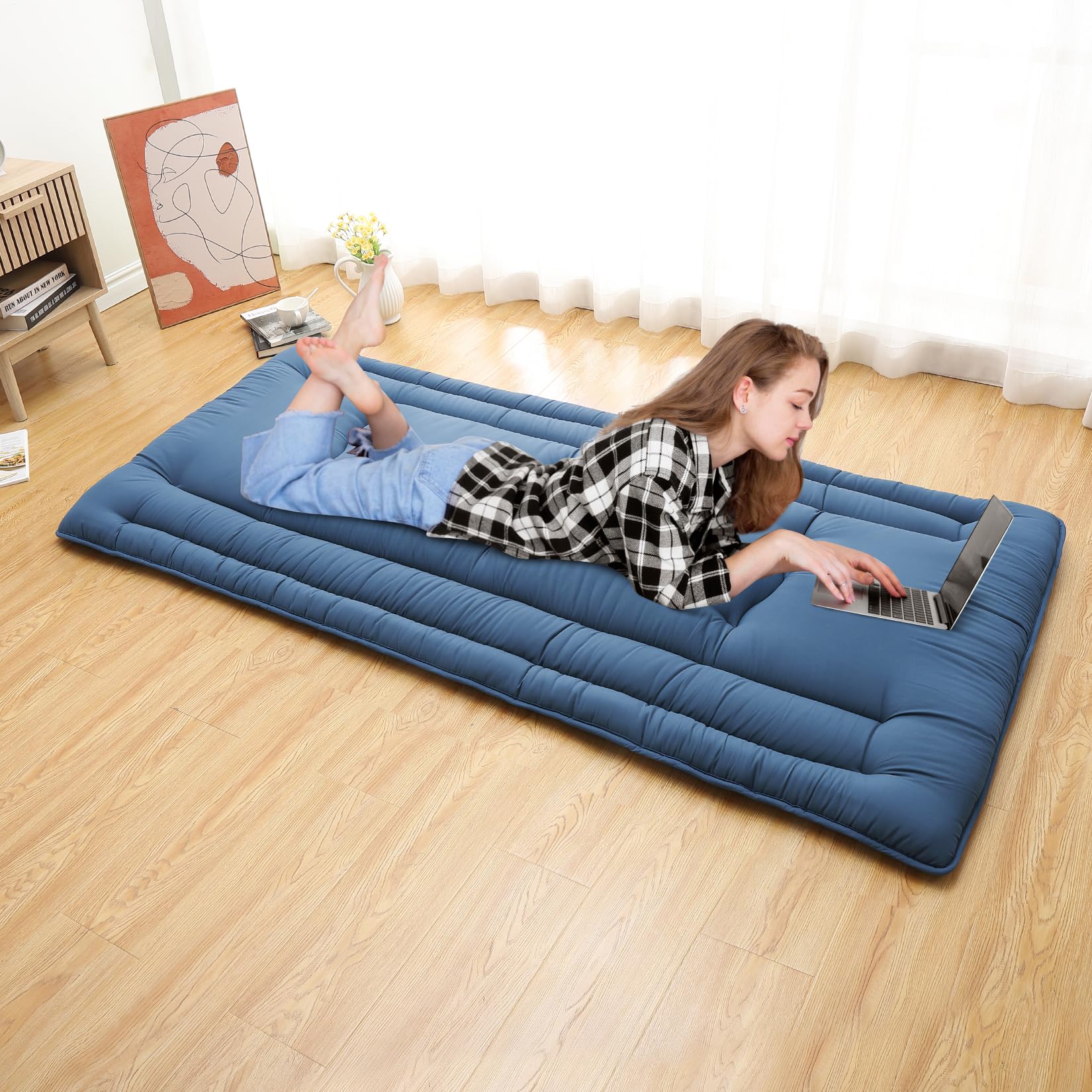 Garvee Twin Size Futon Mattress, Japanese Floor Mattress Floor Bed for Kids Adults Roll Up Sleeping Mattress, Tatami Mat Dorm Floor Mattress Pad for Easy Storage, Navy Blue