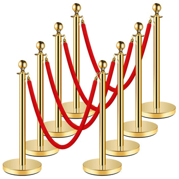 Garvee 8 Pcs Gold Stanchions Posts, Stainless Steel Stanchion with 6.6ft Red Velvet Rope, Crowd Control Barriers with Ball Top and Fillable Concrete Base for Party Supplies