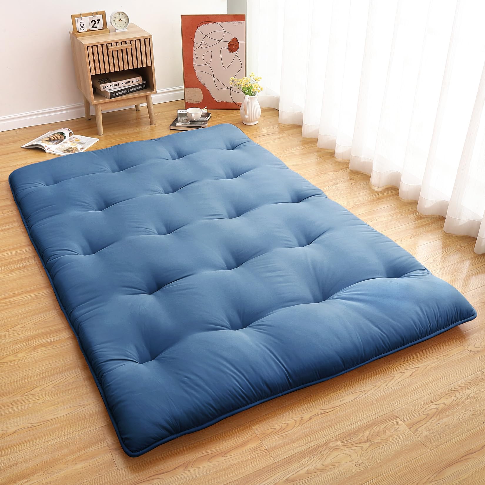 Garvee Futon Mattress Japanese Floor Mattress, Twin Size Tatami Mattress Kids Sleeping Mat for Dormitory, Roll Up Mattress Japanese Floor Mat for Sleep, Easy to Store, Navy Blue