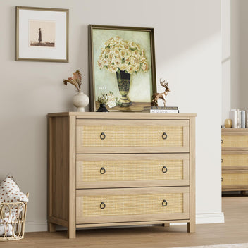 Garvee Rattan 3 Dresser for Bedroom, 29" Tall Dresser, Boho Tall Drawer Dresser with Storage, Wooden Closet Dressers Chest of Drawers Freestanding for Bedroom, Nursery, Living Room, Natural
