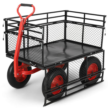 Garvee 1400 lb Steel Garden Cart, Heavy Duty Yard Wagon with Removable Mesh Sides, 2-in-1 Handle & 16" Tires, Red