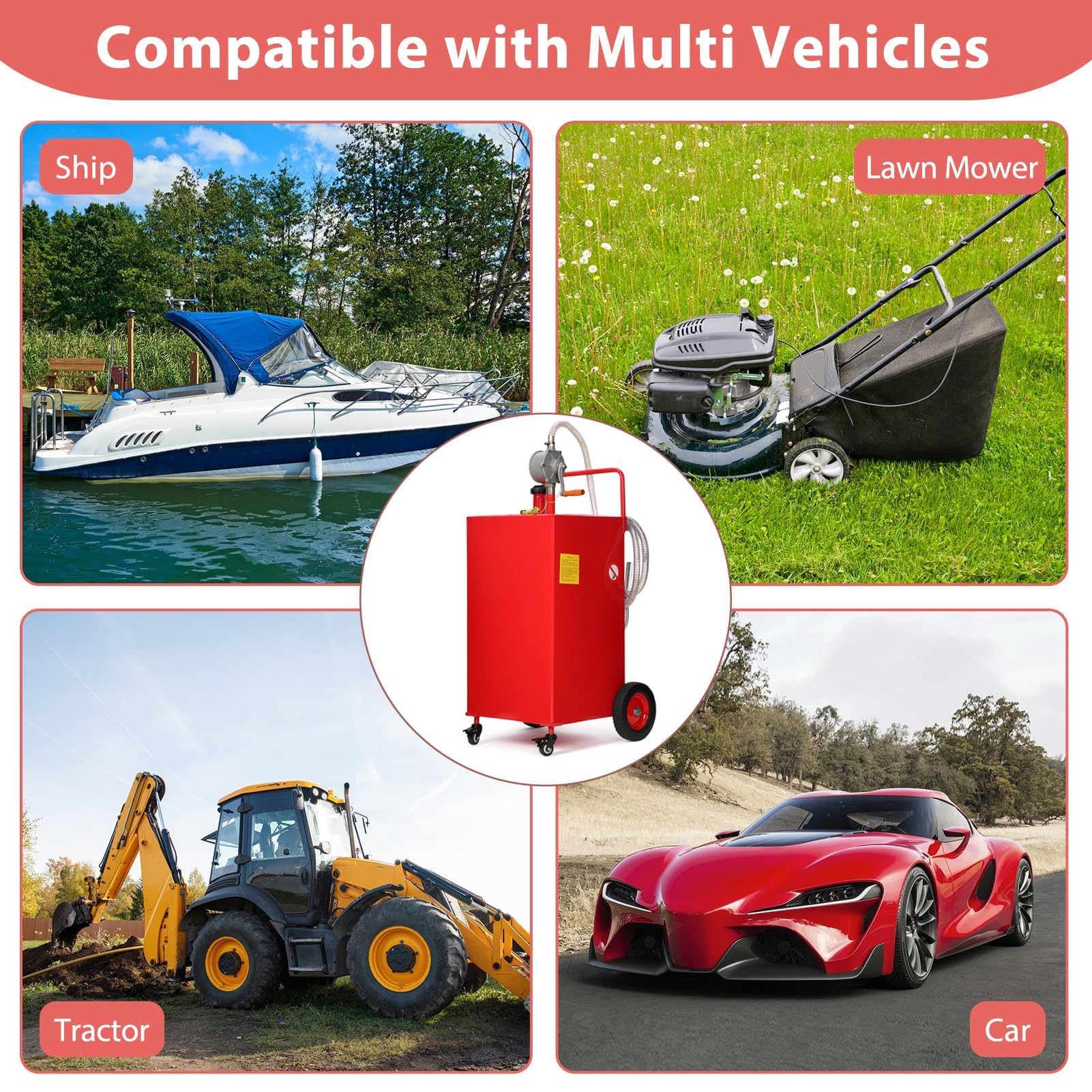 Garvee 35-Gallon Fuel Caddy - Manual Transfer Pump with 8ft hose Fueling Nozzle and 360° Swivel Connector, 4-Wheel Design for Gasoline and Diesel, Ideal for Cars, Lawn Mowers, and Boats, Red