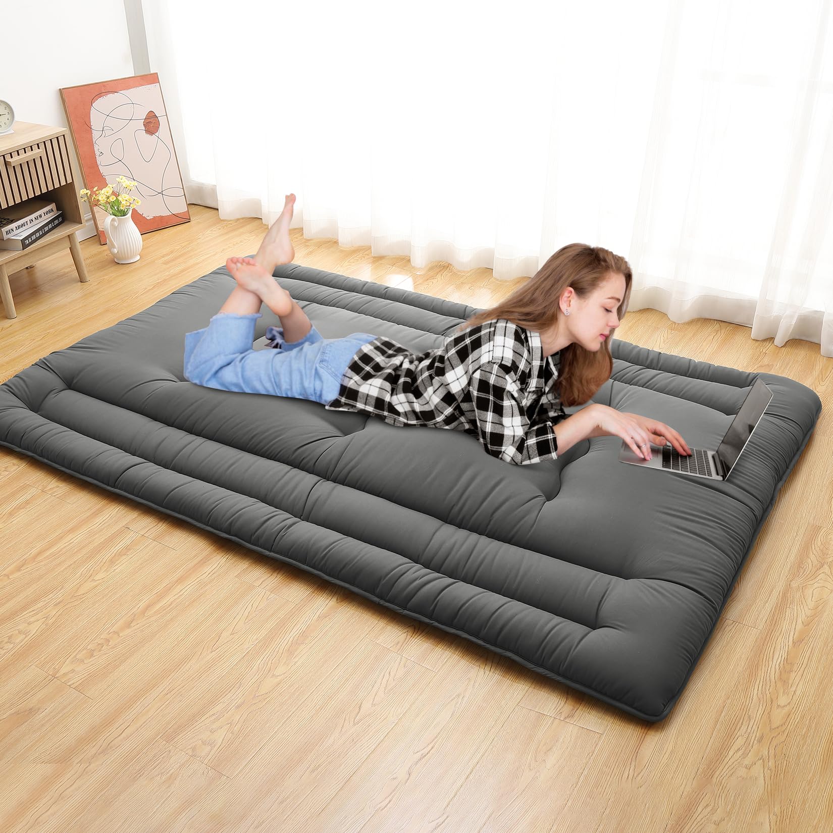 Garvee Futon Mattress Full Size, Foldable Sleeping Mattress Tatami Mattress for Adults, Roll Up Japanese Style Floor Bed Dormitory Floor Mattress for Rv Travel Camping, Dark Grey
