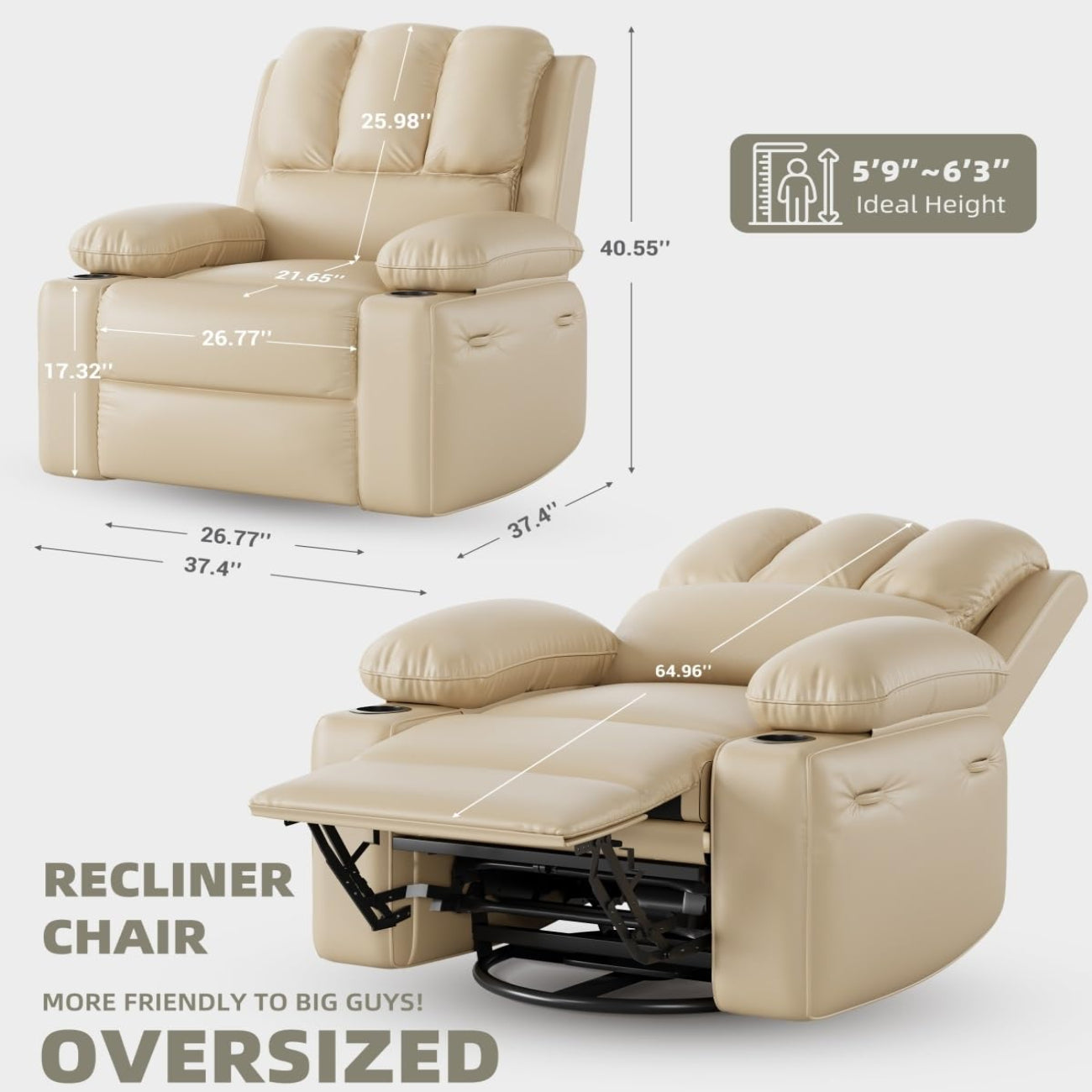 Garvee Oversized 27" Recliner Chairs with Heat and Massage, 360° Swivel Lazy Boy Recliner Chair for Adults, Manual Rocking Chair with Cup Holder for Living Rooms, Bedrooms and Nurseries, Beige