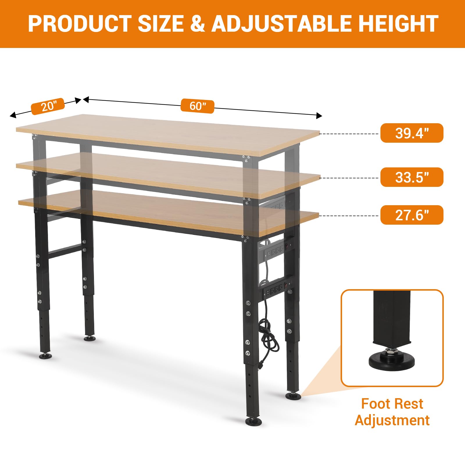 Garvee 60" x 20" Adjustable Workbench with Power Outlet - Heavy-Duty Work Bench with Foot Pads, 2500 lbs Load Capacity for Garage and Workshop