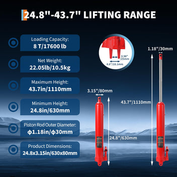 Garvee 8 Ton Hydraulic Long Ram Jack with Single Piston Pump & Clevis Base for Engine Hoists, Garage Cranes, Farm Use, Adjustable 24.8"-43.7", Heavy Duty Steel