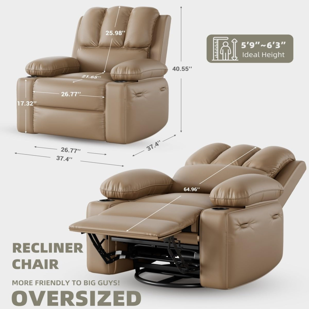 Garvee Oversized 27" Recliner Chairs with Heat and Massage, 360° Swivel Lazy Boy Recliner Chair for Adults, Manual Rocking Chair with Cup Holder for Living Rooms, Bedrooms and Nurseries, Tan