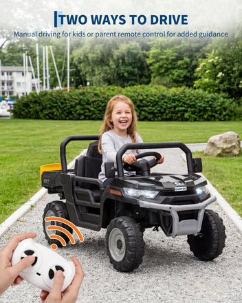 Garvee 12V Kids Ride on Dump Truck with Parent Remote Control, Single Seater Electric Farm Truck for Kids, Powered Dump Bed, Double Opening Doors, Suspension, LED Lights, MP3 & Horn,Black