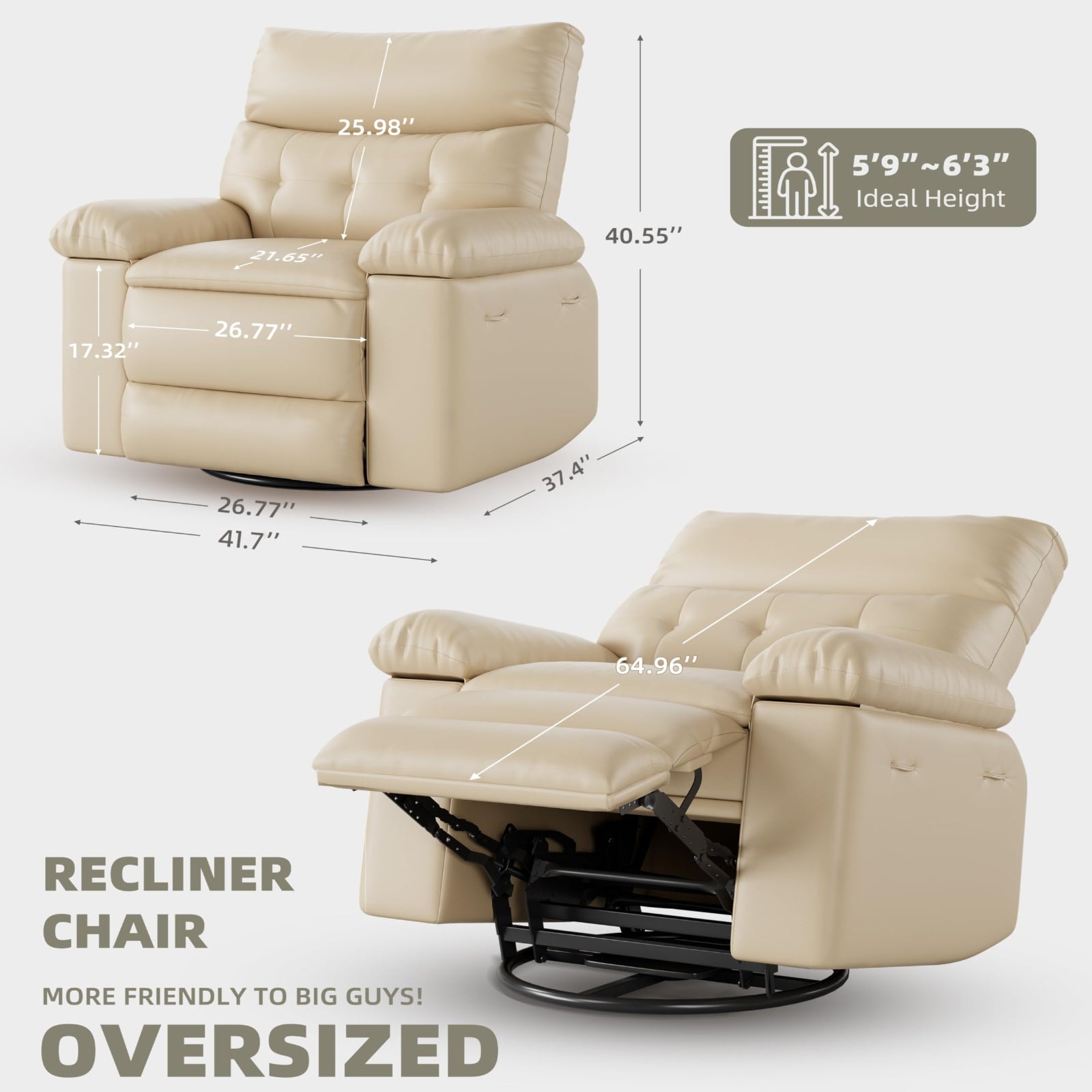 Garvee Oversized Wide Massage Recliner Chair, PU Leather Large Manual Recliner for Adults, Ultimate Comfort Lazy Boy with 1.5X Sponge Filling and Easy Recline Mechanism for Relaxation, Beige