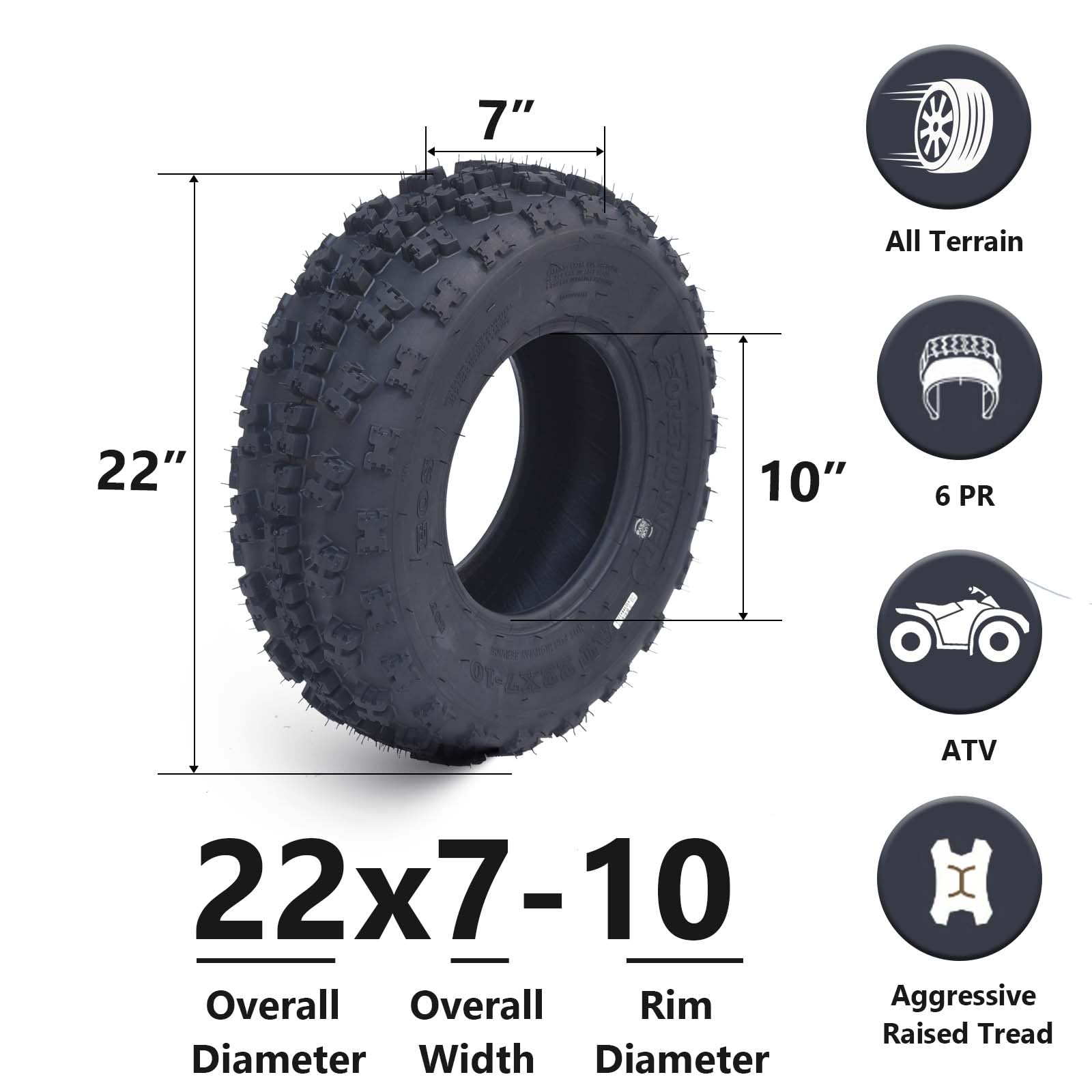 Garvee Set Of 4 ATV UTV All-Terrain Tires 22x7-10 Front 20x11-9 Rear 6-Ply Tubeless