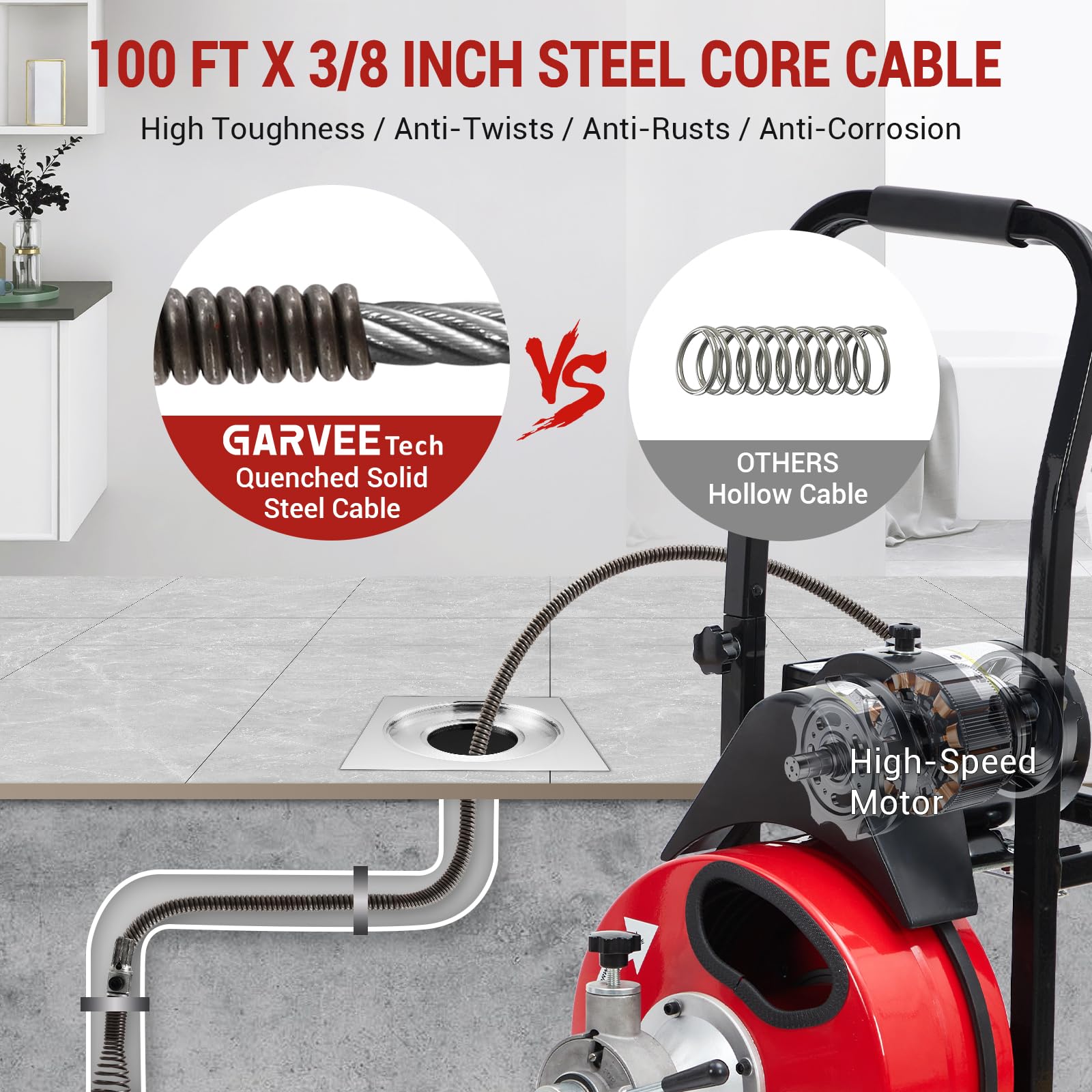 Garvee Auto Feed 100 FT x 3/8 Inch Drain Cleaner Machine with 370W Motor, Portable Sewer Snake Auger with 8 Cutters & Air-Activated Foot Switch, Fits 1" to 4" Pipes, Black & Red
