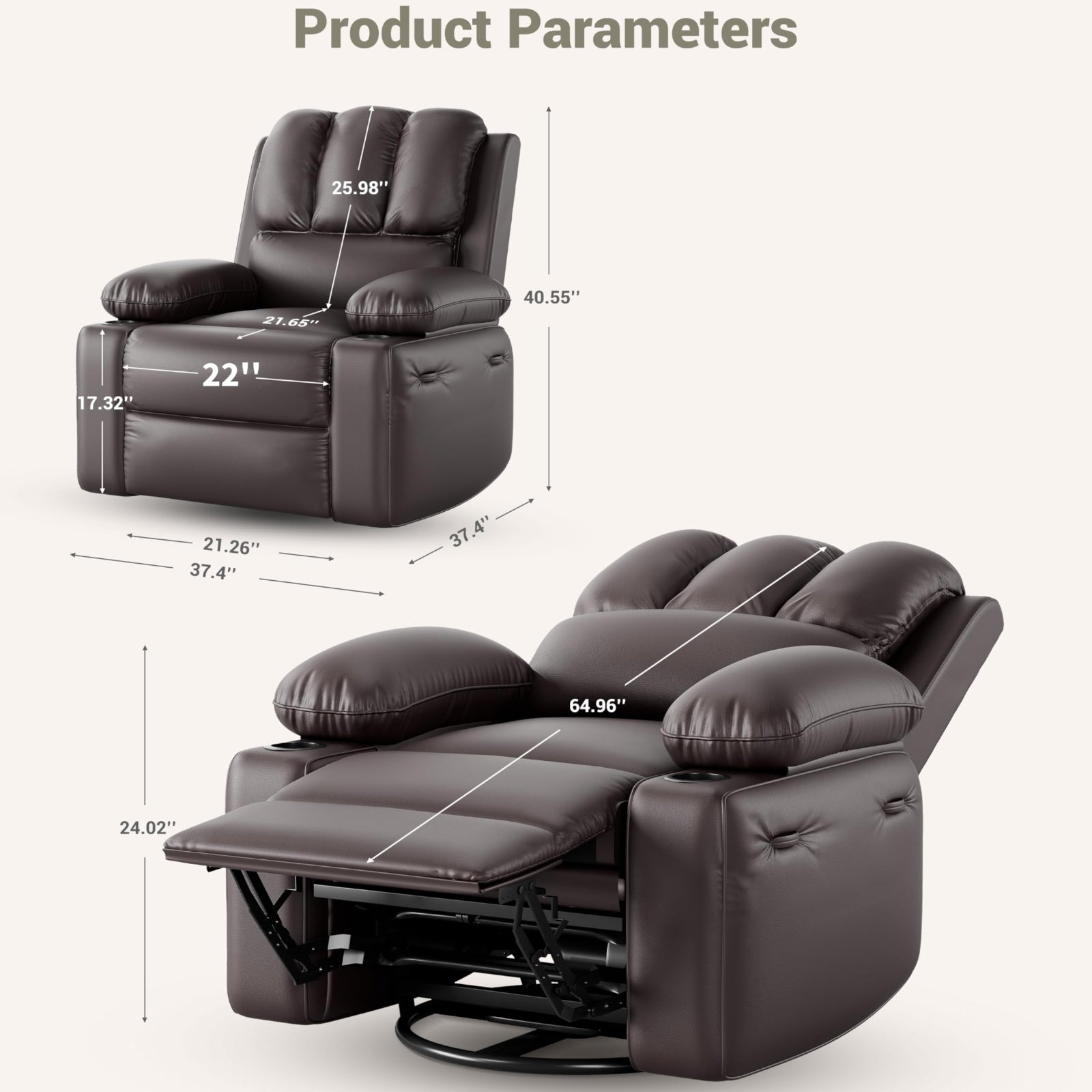 Garvee 22" Widen Rocker Swivel Recliner Chair, Lazy Boy Recliner for Adults, with 1.5X Sponge Filling, Side Pocket, and Cup Holder, for Living Room, Bedroom, and Nursery, Coffee