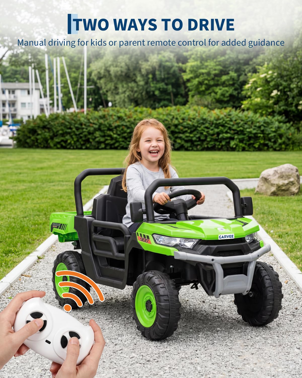 Garvee 12V Kids Ride on Dump Truck with Parent Remote Control, Single Seater Electric Farm Truck for Kids, Powered Dump Bed, Double Opening Doors, Suspension, LED Lights, MP3 & Horn,Green