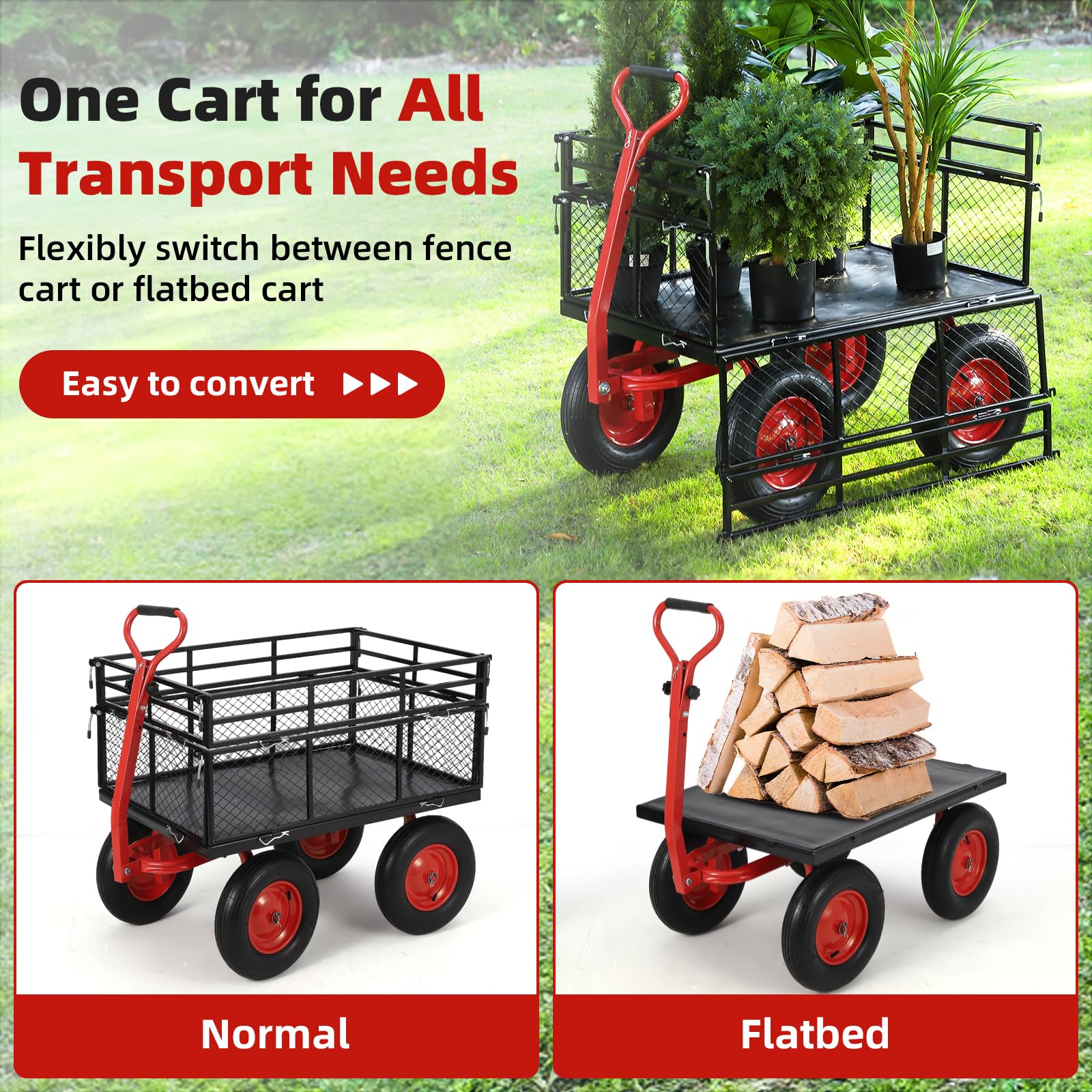 Garvee 1400 lb Steel Garden Cart, Heavy Duty Yard Wagon with Removable Mesh Sides, 2-in-1 Handle & 16" Tires, Red