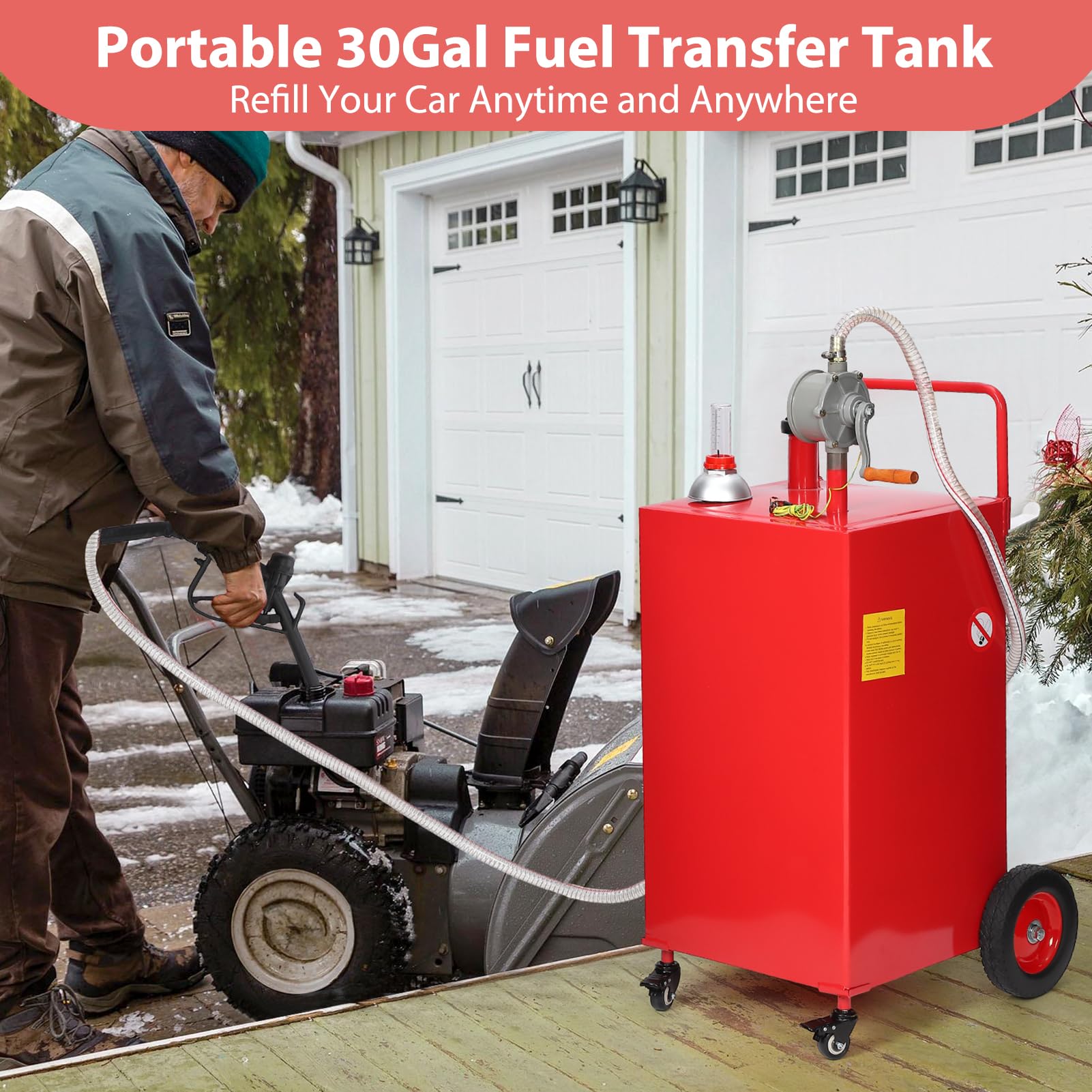 Garvee 30 Gallon Fuel Caddy, Stainless Steel with Manual Transfer Pump, 4-Wheel Mobile Design for Cars, Trucks, Boats, and Lawn Mowers, Red