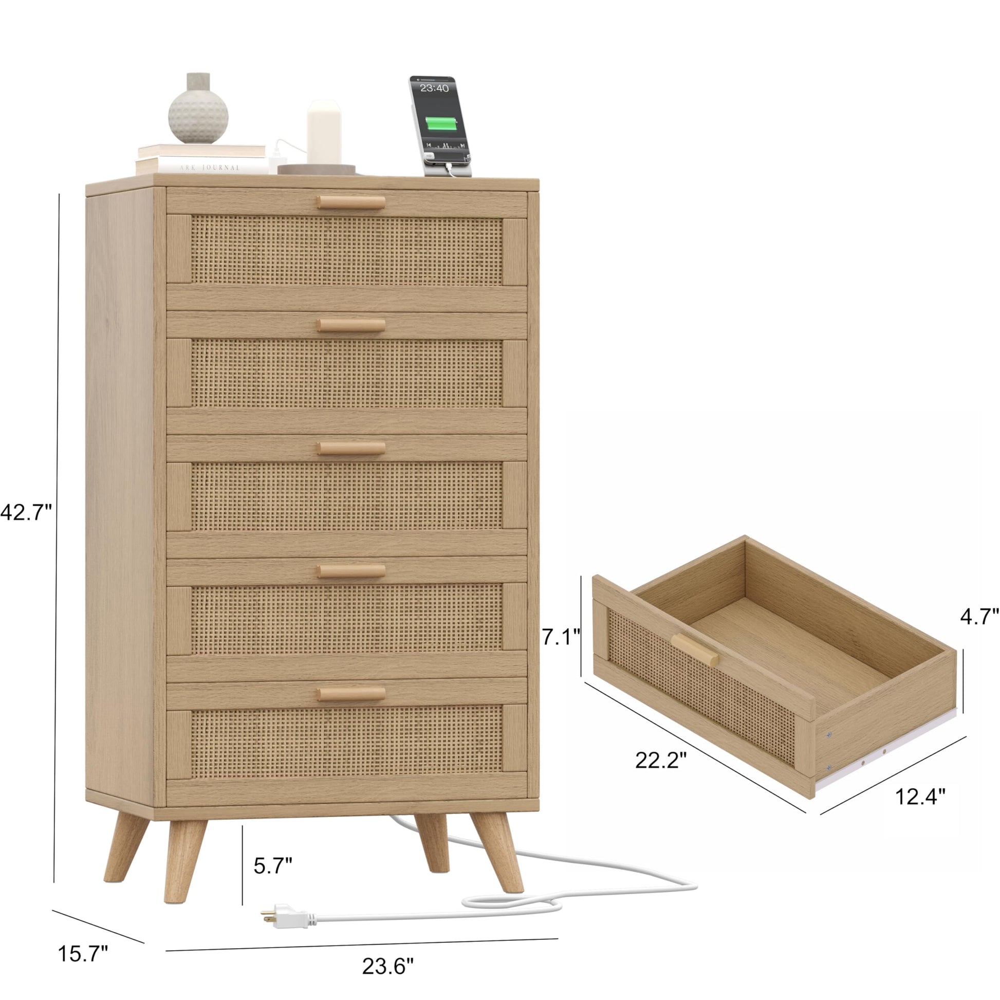 Garvee 5 Drawer Dresser for Bedroom, Rattan Chest of Drawers with Deep Drawers, Large Modern Double Dresser for Closet with Wide Top, Horizontal Wooden Dresser for Living Room, Hallway, Kids Room, Natural