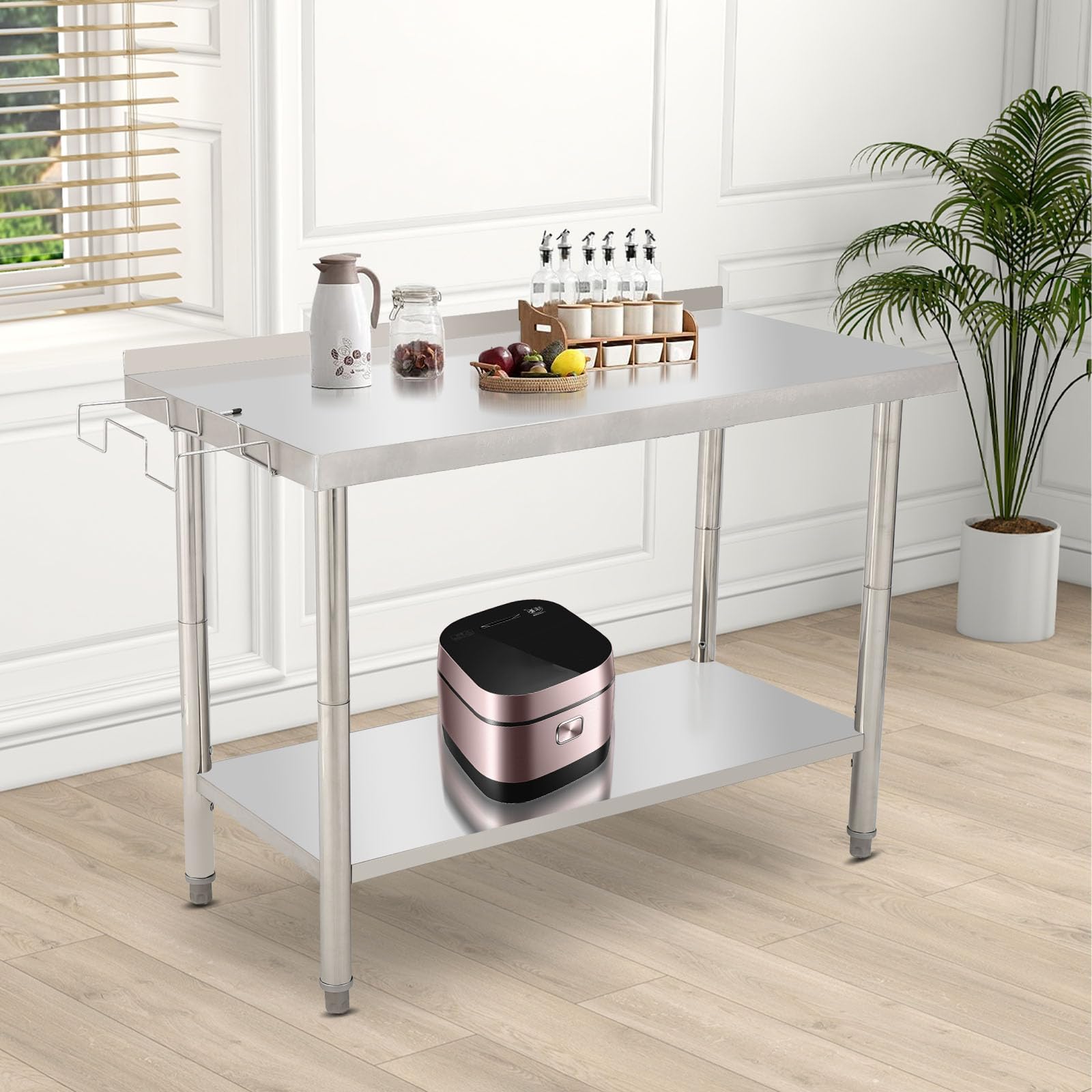 GARVEE 48"L x 24"W x 35"H Stainless Steel Work Table - Heavy-Duty Prep Table with Undershelf, Backsplash, and Garbage Rack for Kitchen and Commercial Use