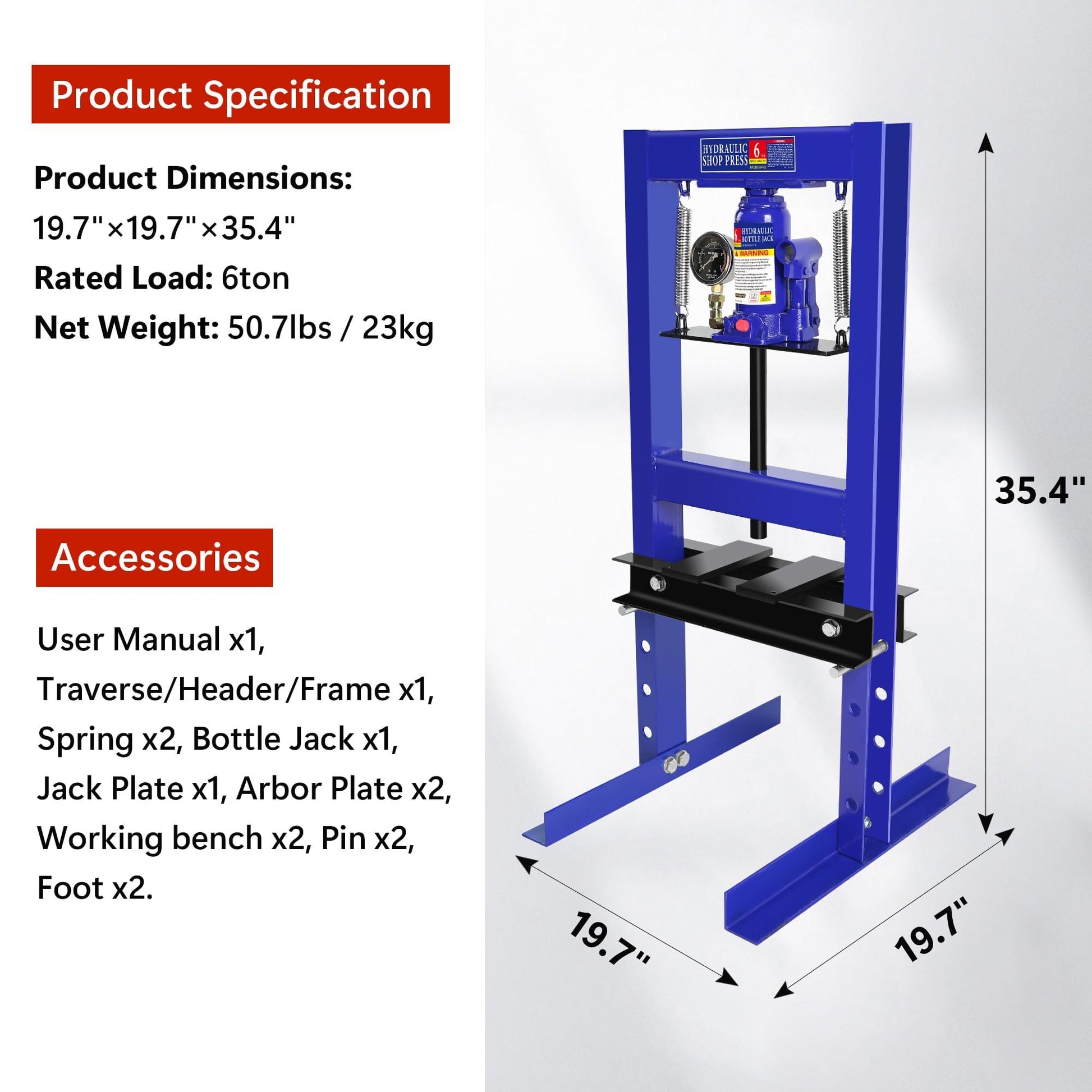 Garvee 6-Ton Shop Press with Pressure Gauge, Adjustable H-Frame Hydraulic Floor Press with Stamping Plates for Bending, Straightening, Pressing Parts, and Installing Bearings & U-Joints, Blue