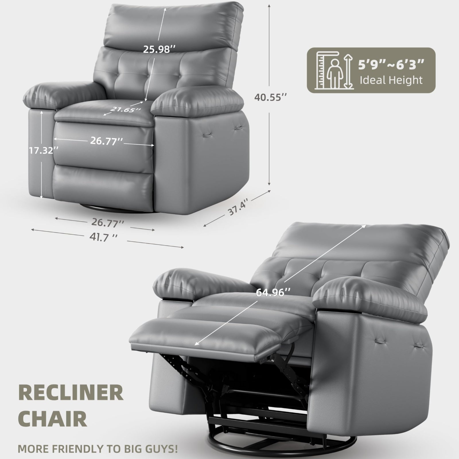 Garvee Oversized Wide Rocker Swivel Recliner Chair - PU Leather Large Manual Recliner for Adults, Ultimate Comfort Lazy Boy with 1.5X Sponge Filling and Easy Recline Mechanism for Relaxation, Gray