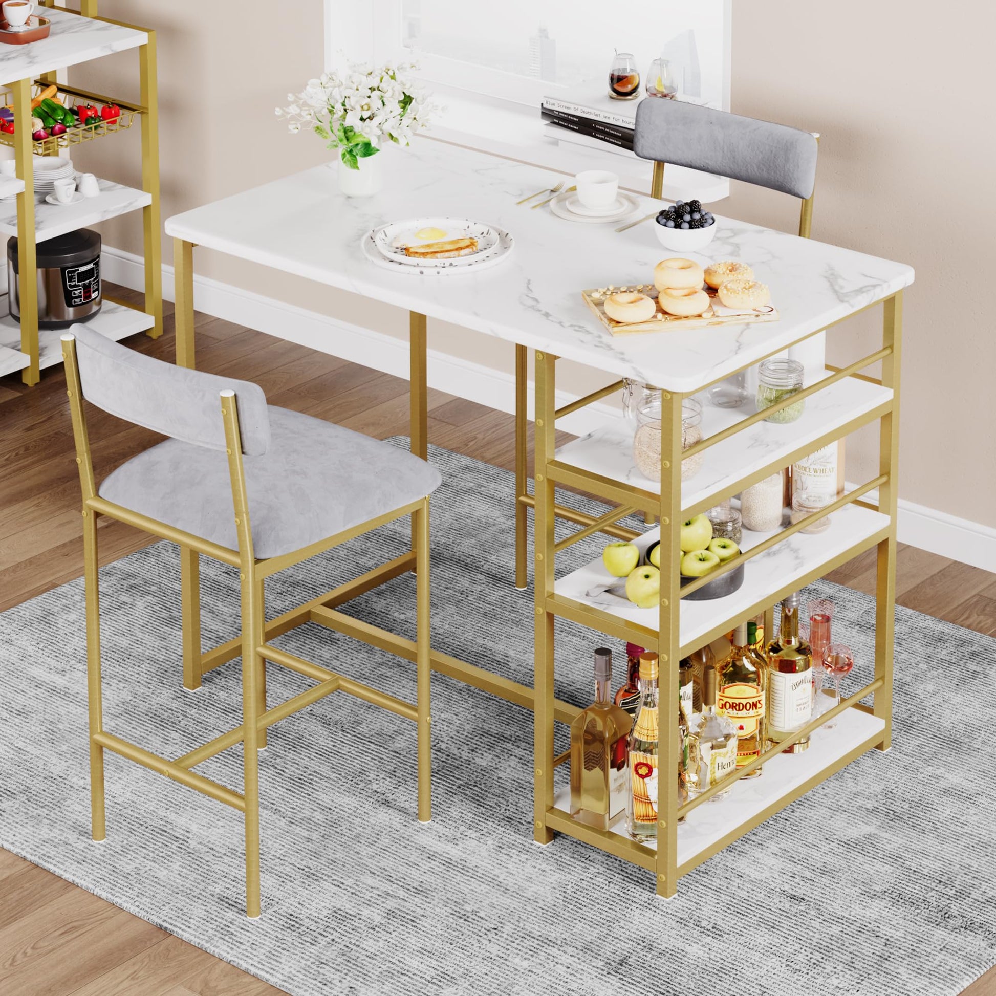Garvee Dining Table Set for 2, Kitchen Table Set, Dining Room Table Set with 2 Velvet Upholstered Bar Chairs, 3 Piece Counter Height Table Set for Small Space, Apartment, White