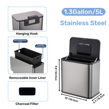 Garvee 1.3Gallon/5L Stainless Steel Hanging Trash Can with Inner Bucket And Charcoal Filter for Counter Top & Under Sink Bathroom Bedroom Cupboard