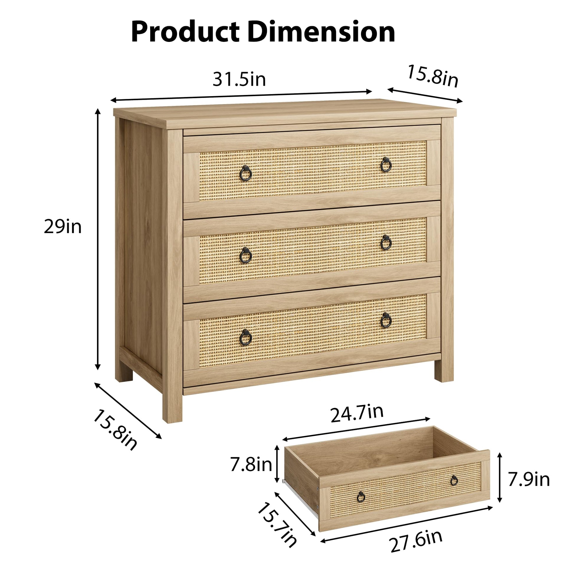 Garvee Rattan 3 Dresser for Bedroom, 29" Tall Dresser, Boho Tall Drawer Dresser with Storage, Wooden Closet Dressers Chest of Drawers Freestanding for Bedroom, Nursery, Living Room, Natural