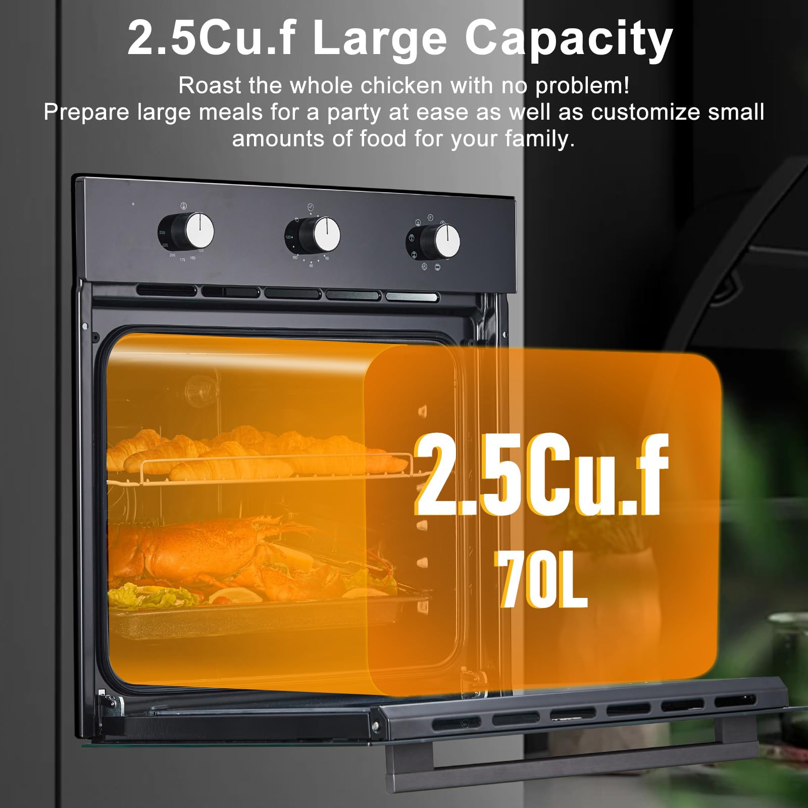 Garvee 24 Inch 70L Single Wall Oven with 5 Modes, 3000W Built-In Wall Oven with 25 Cu.Ft. Capacity, Mechanical Knobs