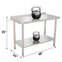 GARVEE 48"L x 24"W x 35"H Stainless Steel Work Table - Heavy-Duty Prep Table with Undershelf, Backsplash, and Garbage Rack for Kitchen and Commercial Use