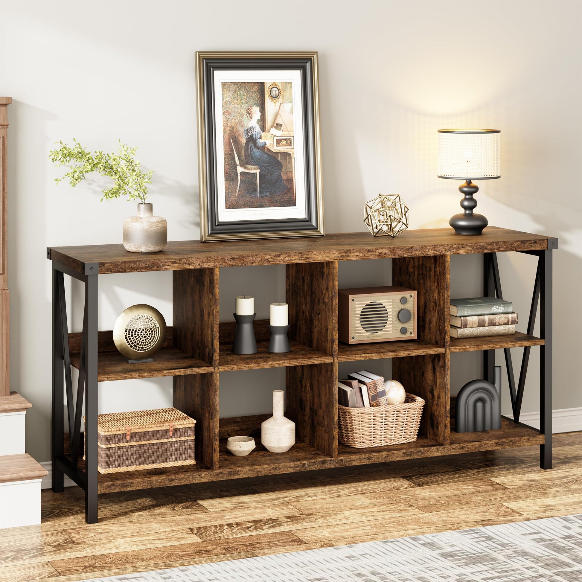 Garvee Console Table, Rustic 3 Tier Sofa Table Behind Couch, Industrial Metal Entryway Table with Storage Shelf, Farmhouse Wooden Foyer Hallway Table for Entry Living Room, Rustic Brown